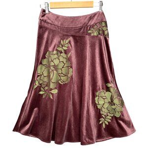 Monsoon Brown Green Velvet ALine Skirt Y2K US Size 4 UK 8 Embroidered Boho Chic